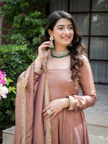 Jiya Premium Blush Brown Anarkali with Golden Border Dupatta