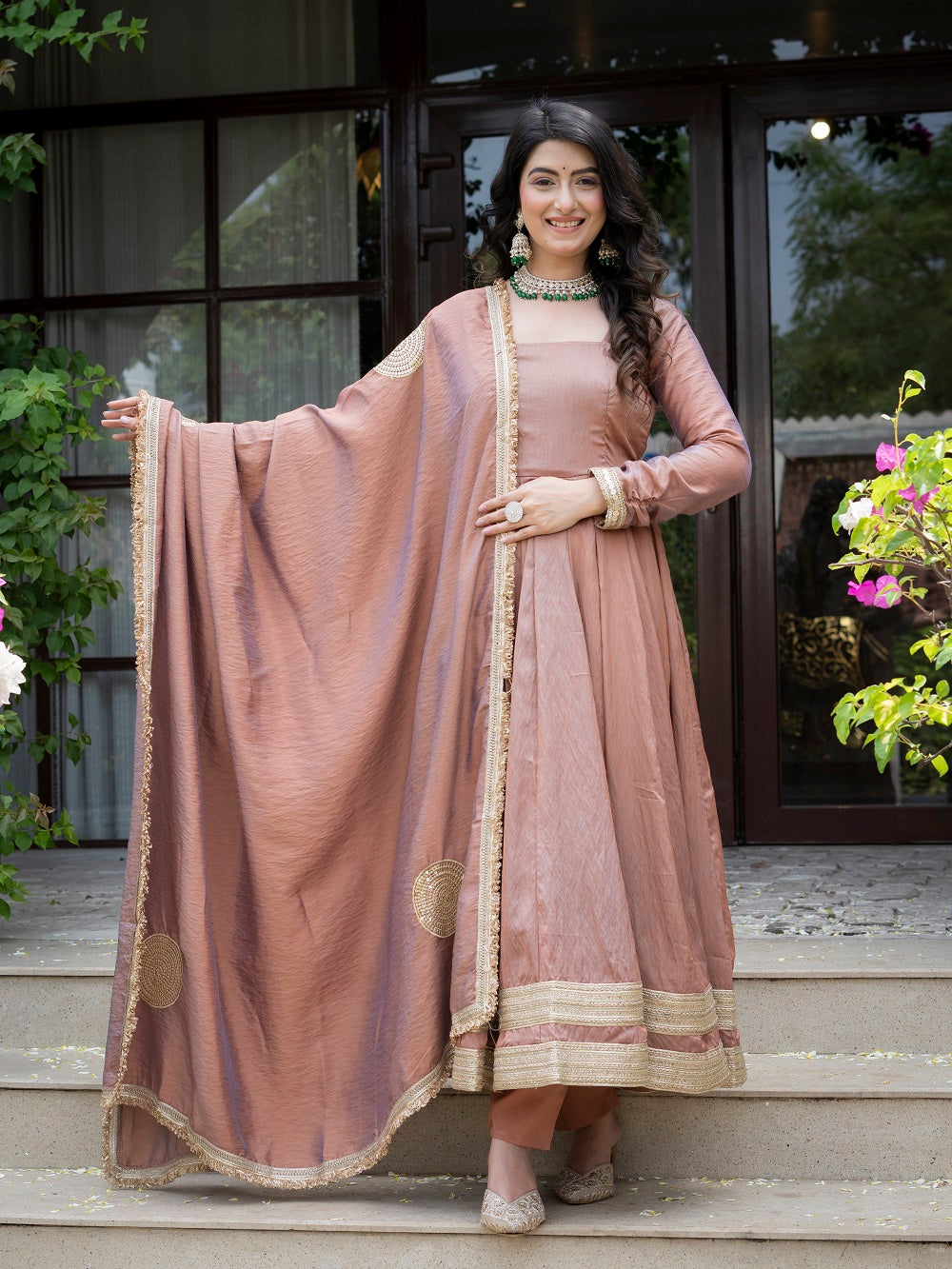 Jiya Premium Blush Brown Anarkali with Golden Border Dupatta