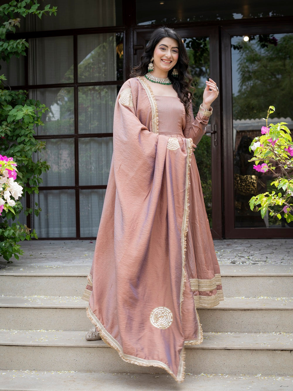 Jiya Premium Blush Brown Anarkali with Golden Border Dupatta