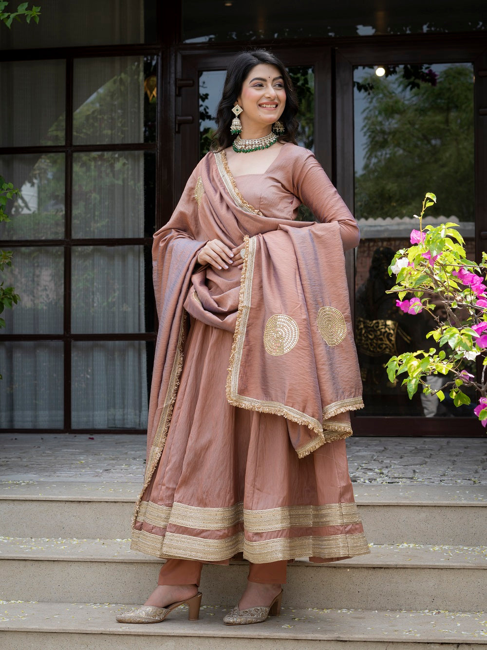 Jiya Premium Blush Brown Anarkali with Golden Border Dupatta