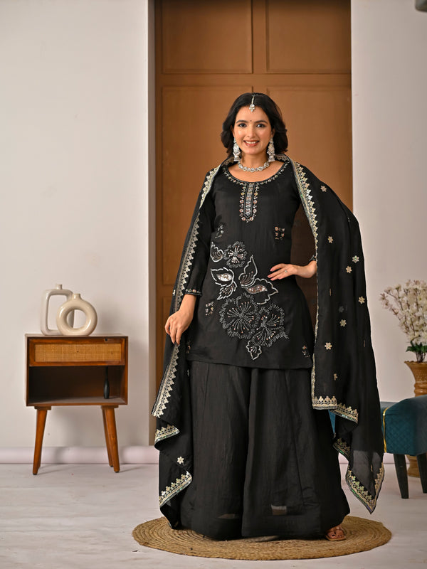 Black Colored Real Heavy Sharara Suit Set