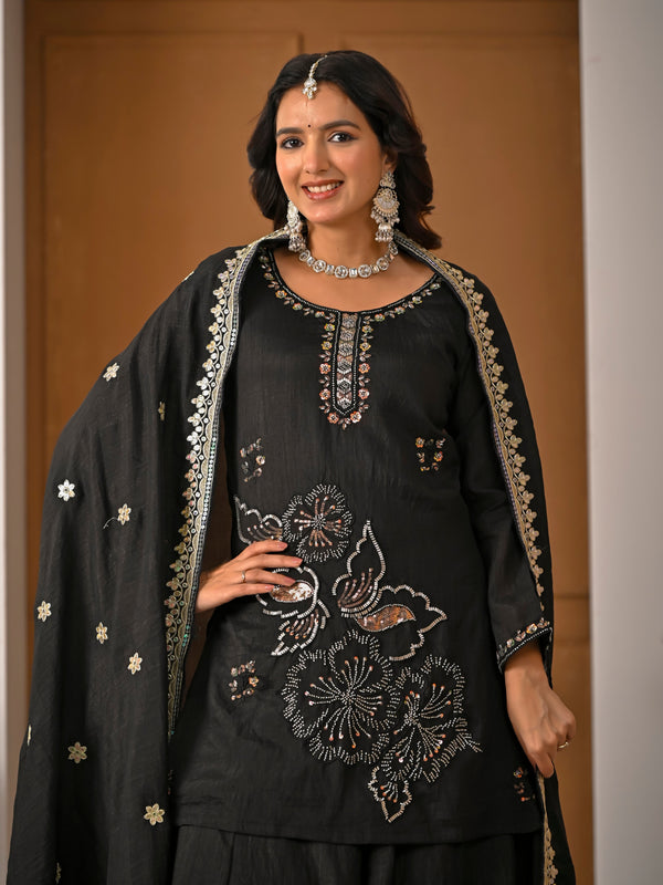 Black Colored Real Heavy Sharara Suit Set