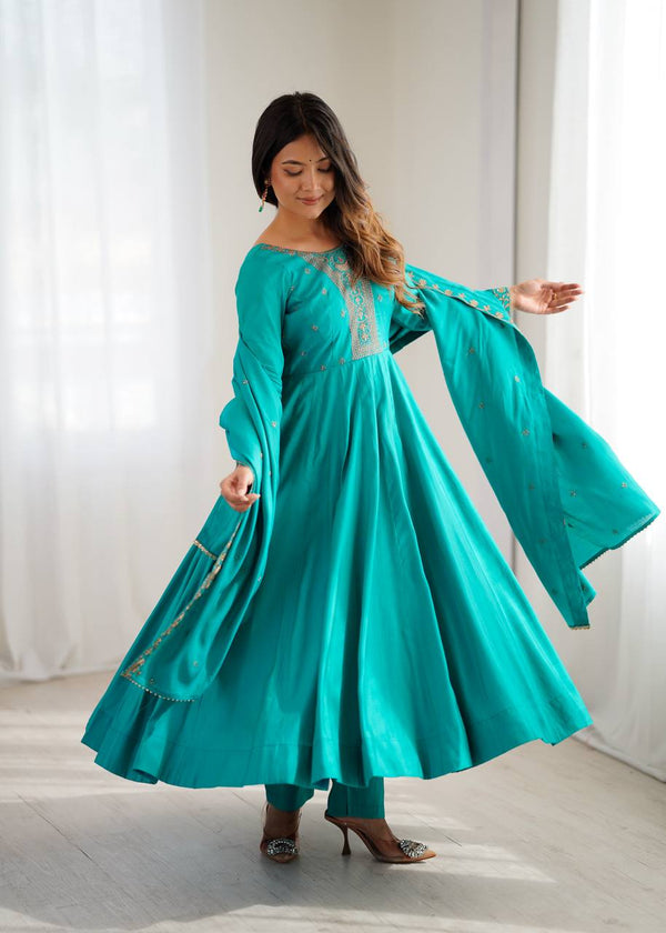 Swity Trending Rama Pure Roman Chanderi Silk Anarkali Gown
