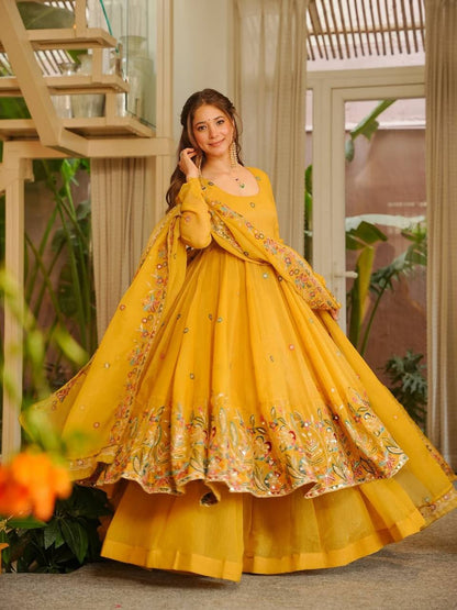 Nilam yellow Embroidered Stylish Anarkali Suit Set