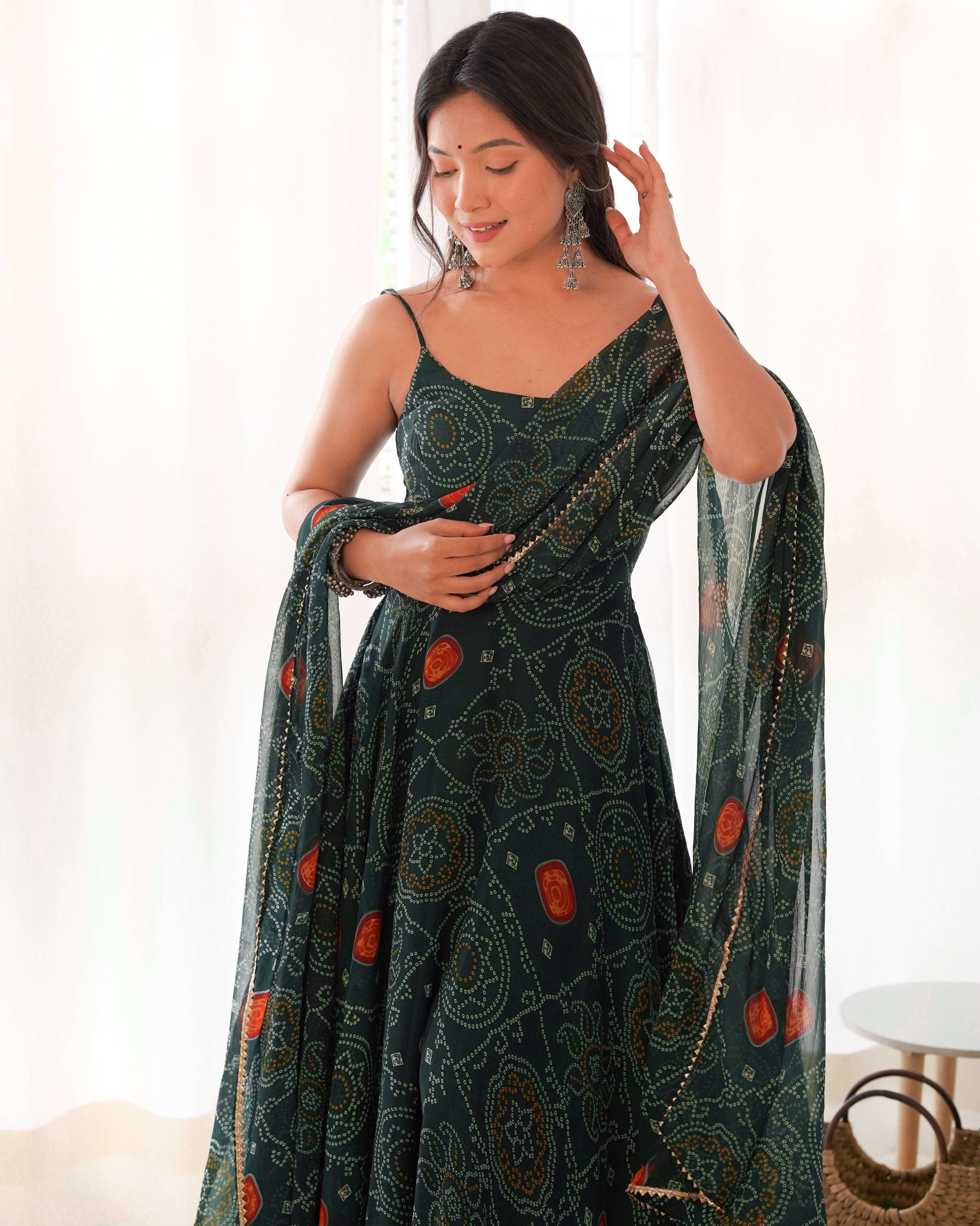 Lizza Green Bandhani Floral Pure Chiffon Anarkali Gown