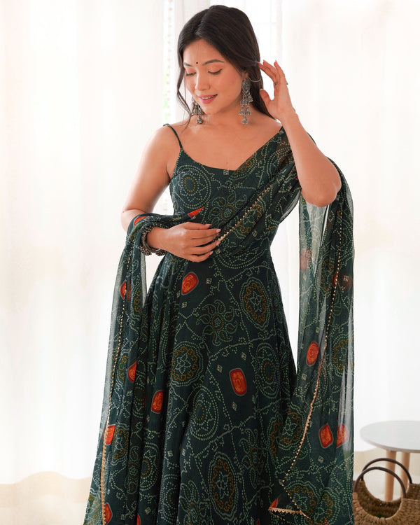 Lizza Green Bandhani Floral Pure Chiffon Anarkali Gown