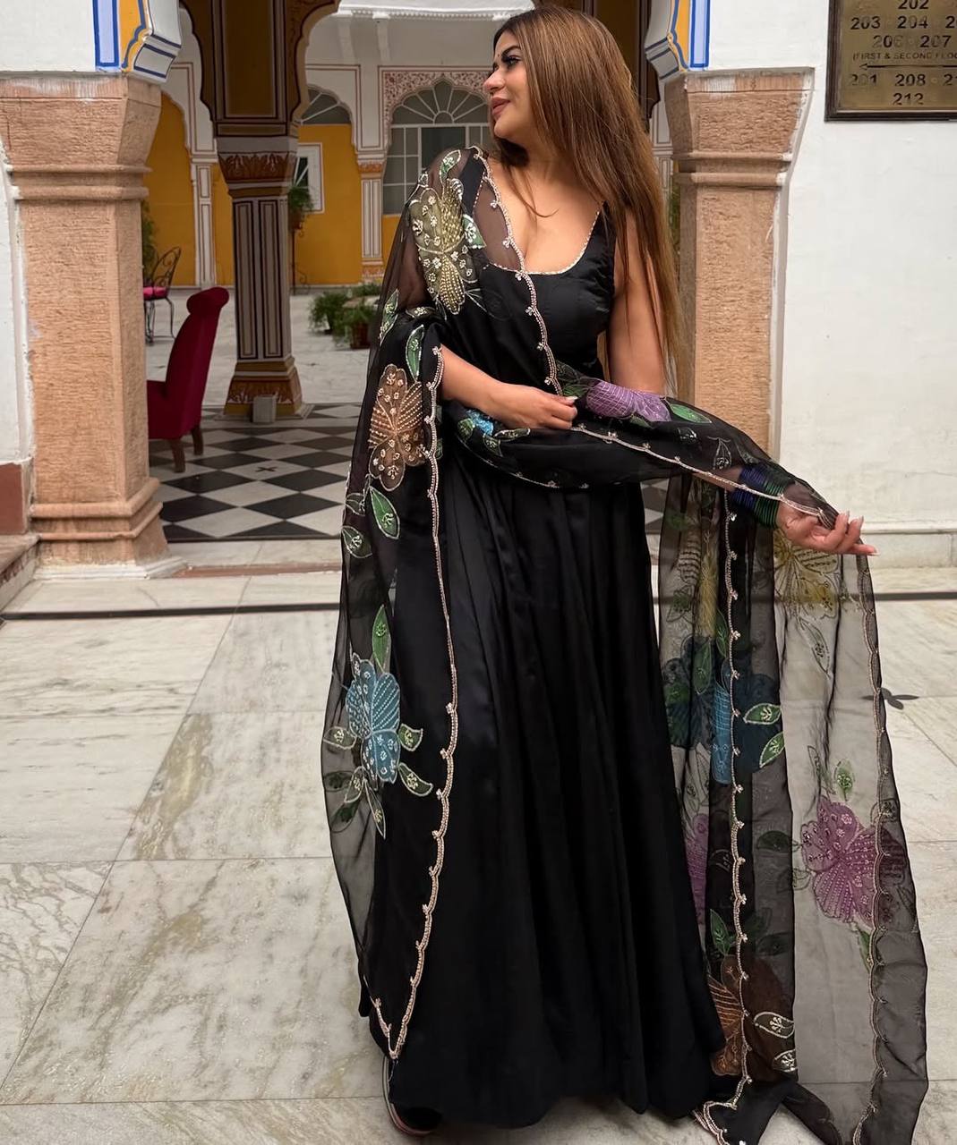Classic Black Flared Anarkali with Brush Printed Tabby silk Dupatta