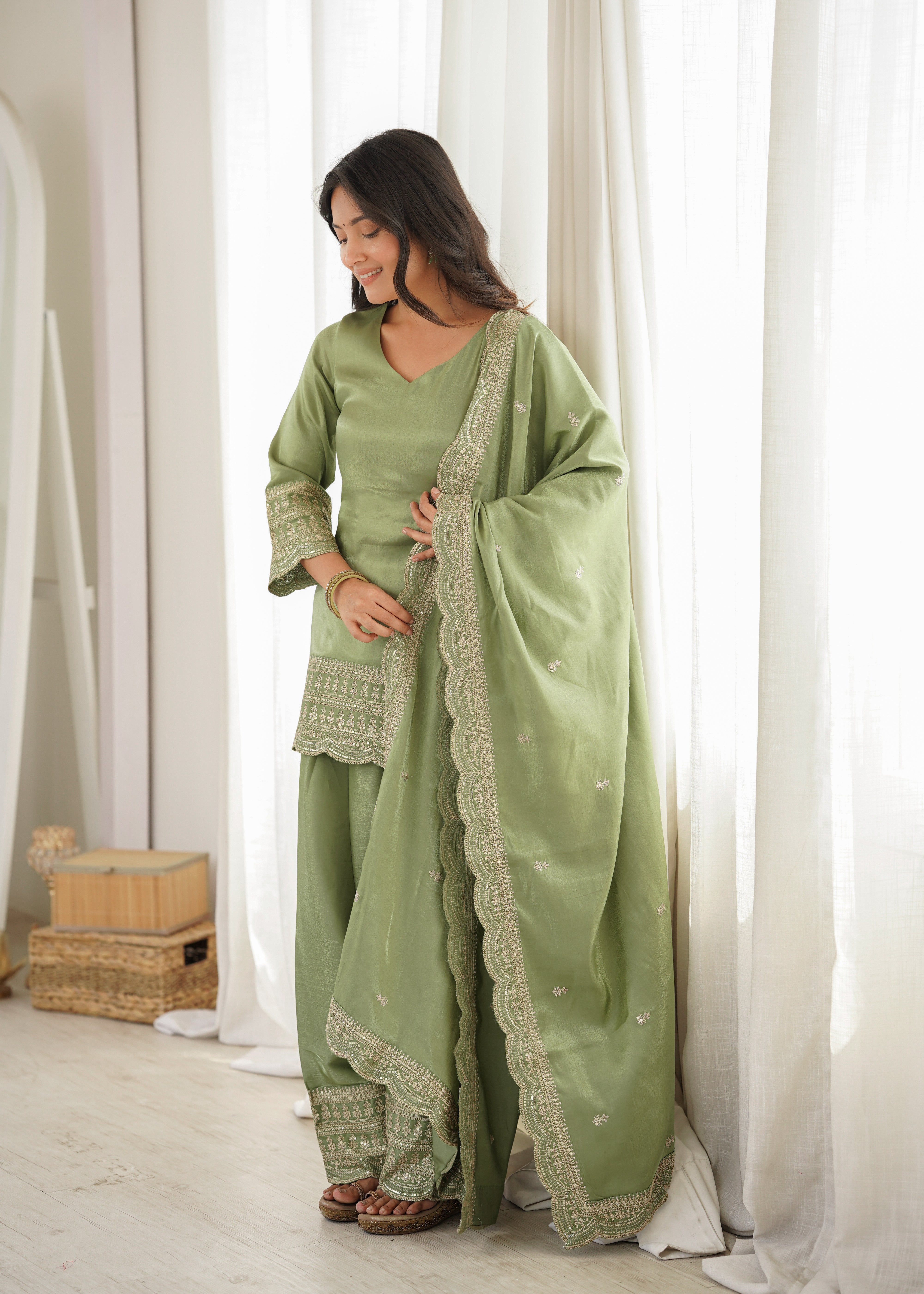 Sage Green Embroidered Kurta Set with Dupatta & Patiala Pants