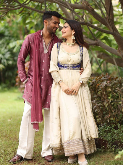 Nivya Off White Designer Embroidered Koti With Suit Set
