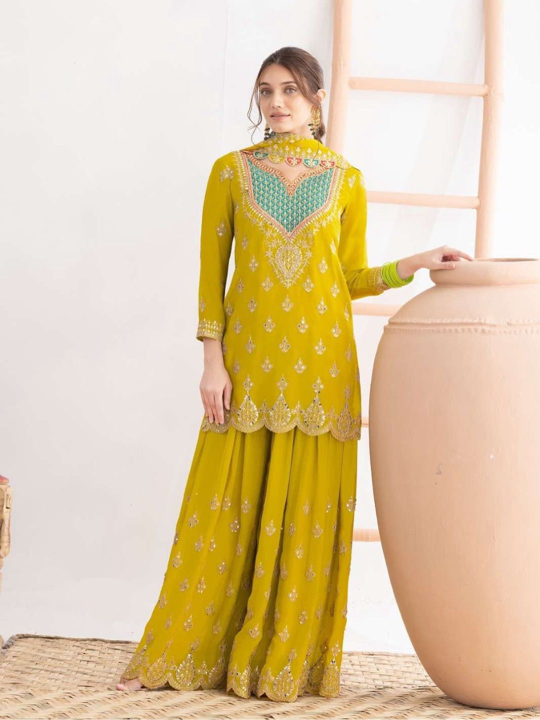 Multi Colored Heavy Embroidery Work Sharara Suit Set