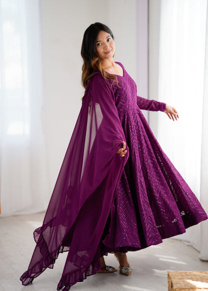 Wine Embroidery Heavy Fox Georgette Anarkali Gown