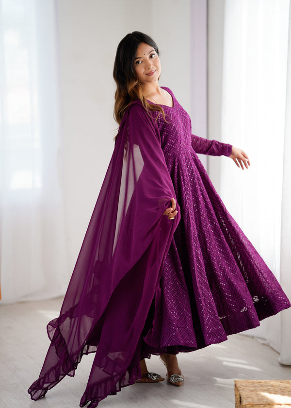 Wine Embroidery Heavy Fox Georgette Anarkali Gown