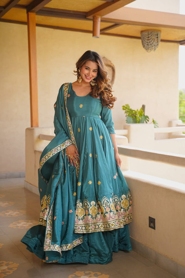 Meera Teal Green Embroidered Anarkali Suit Set with Dupatta
