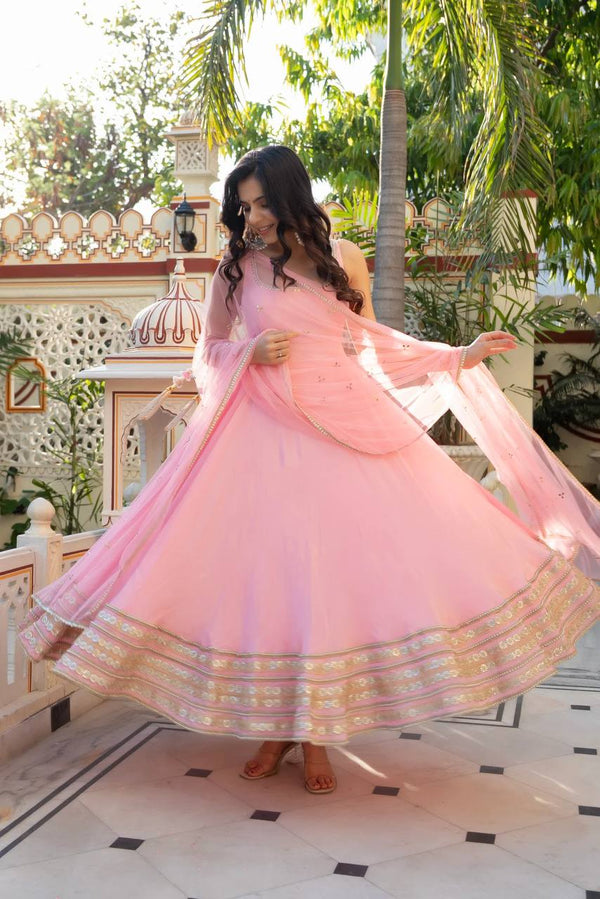Priya Aarohi Baby Pink Flared Anarkali Suit Set with Embroidered Dupatta