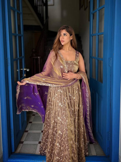 Classic Wine Flared Anarkali Suit with Dupatta
