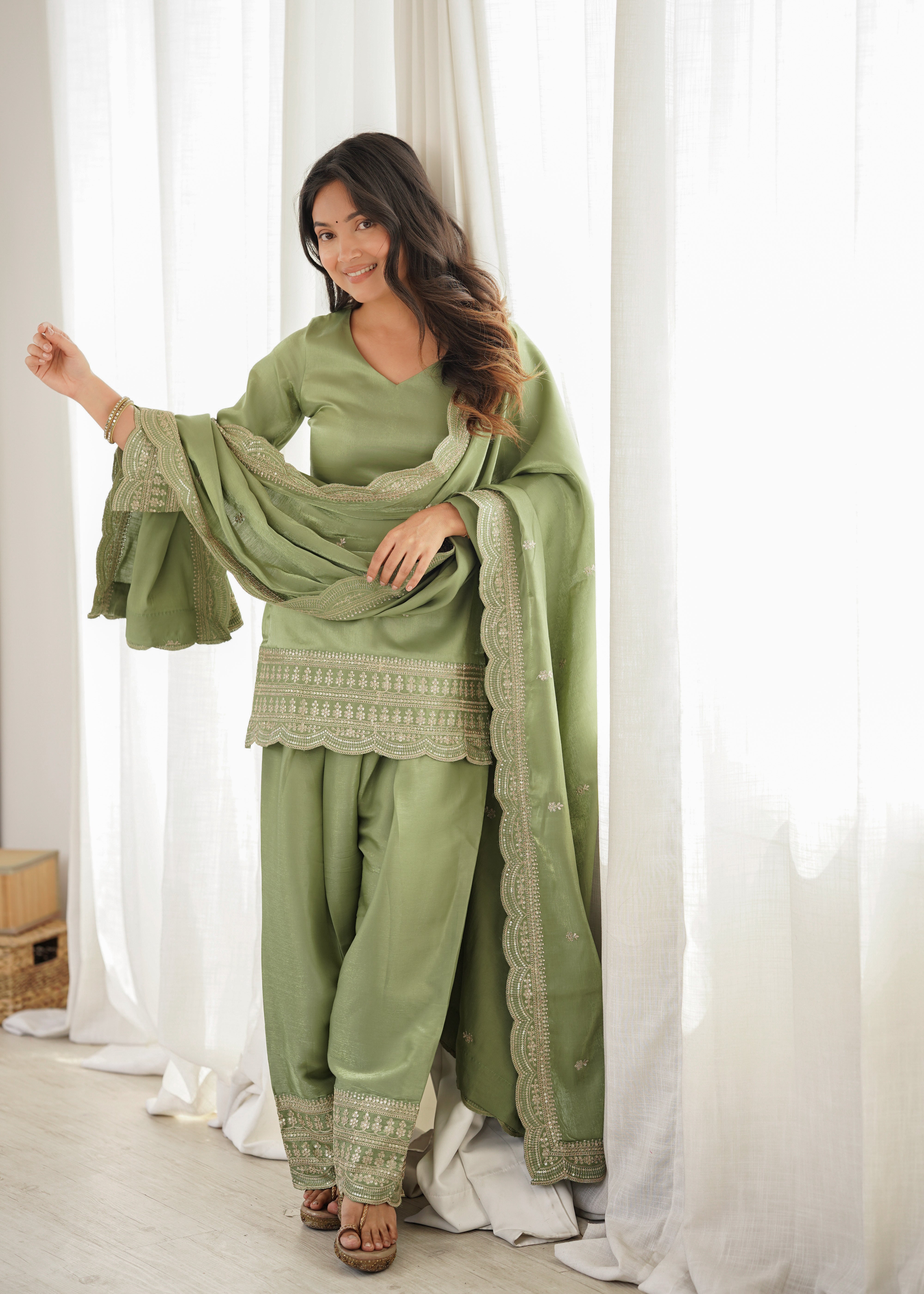 Sage Green Embroidered Kurta Set with Dupatta & Patiala Pants