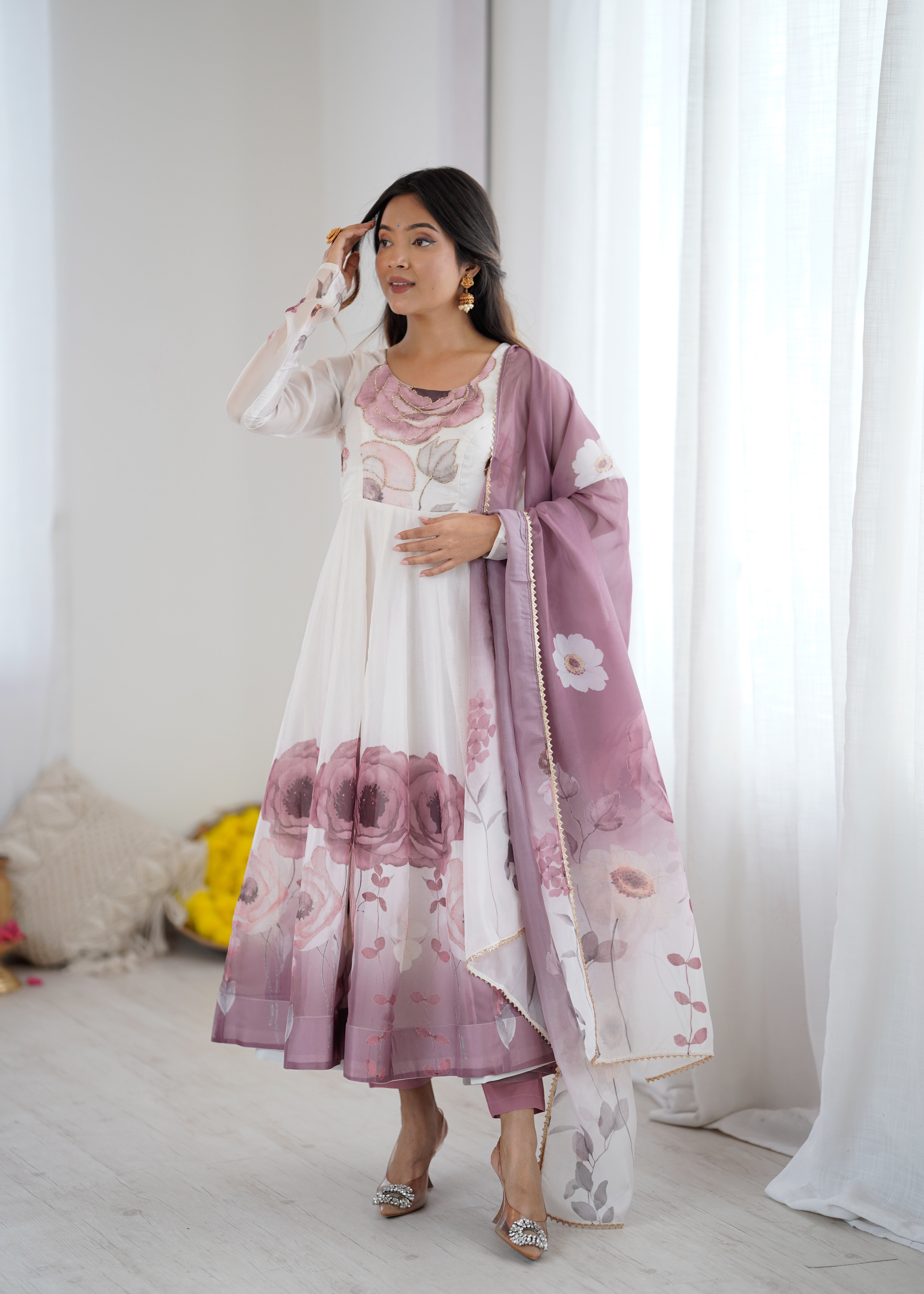 Goldy Flowers Onion Pink Organza Silk Anarkali Gown