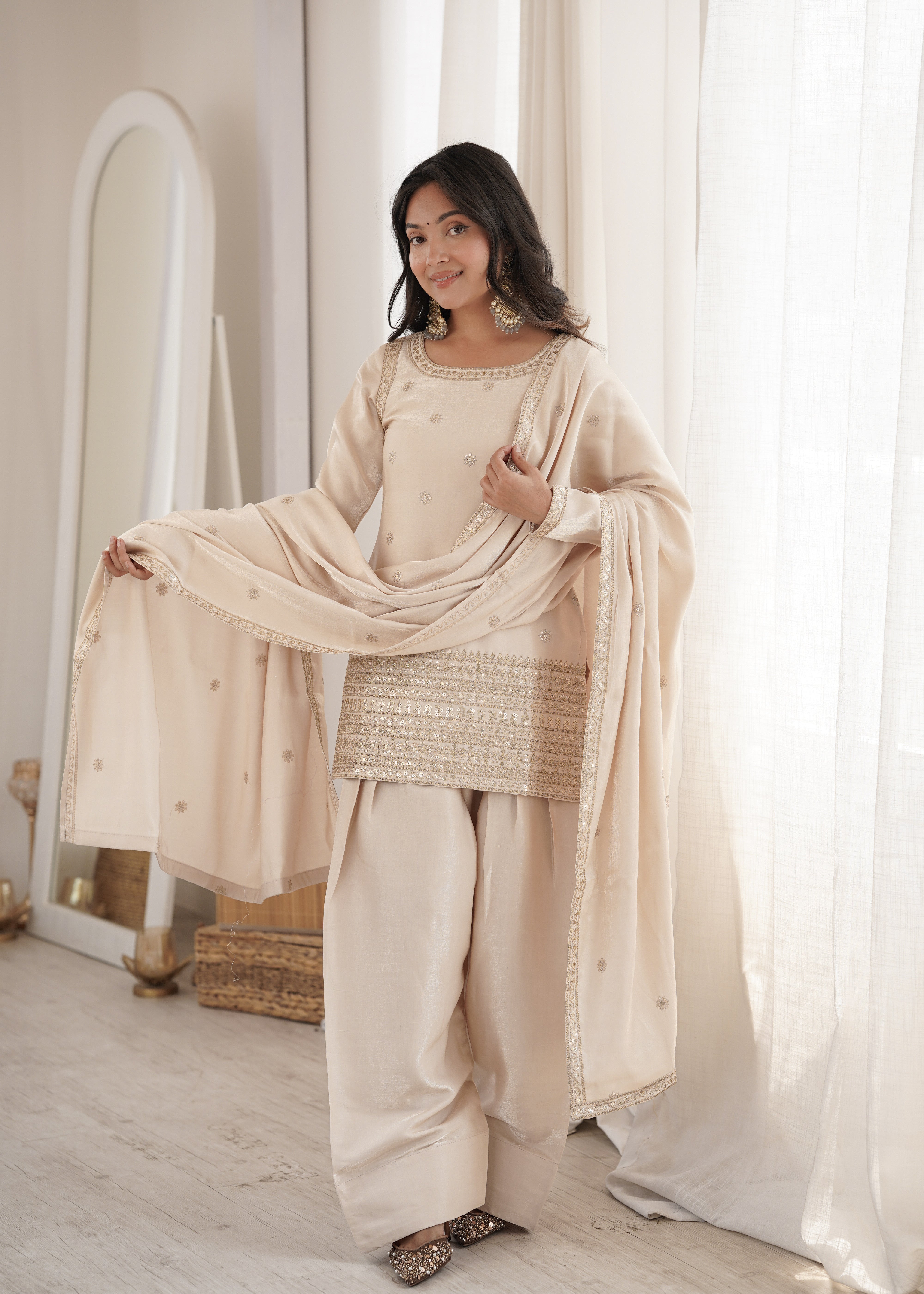 Royal Ivory Punjabi Suit with Embellished Dupatta
