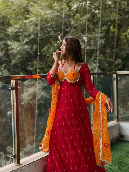 Aariva Bandhani Flame Anarkali Suit Set
