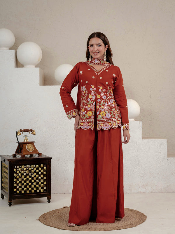 Riya Classic Rust Embroidered Ethnic Palazzo Suit Set