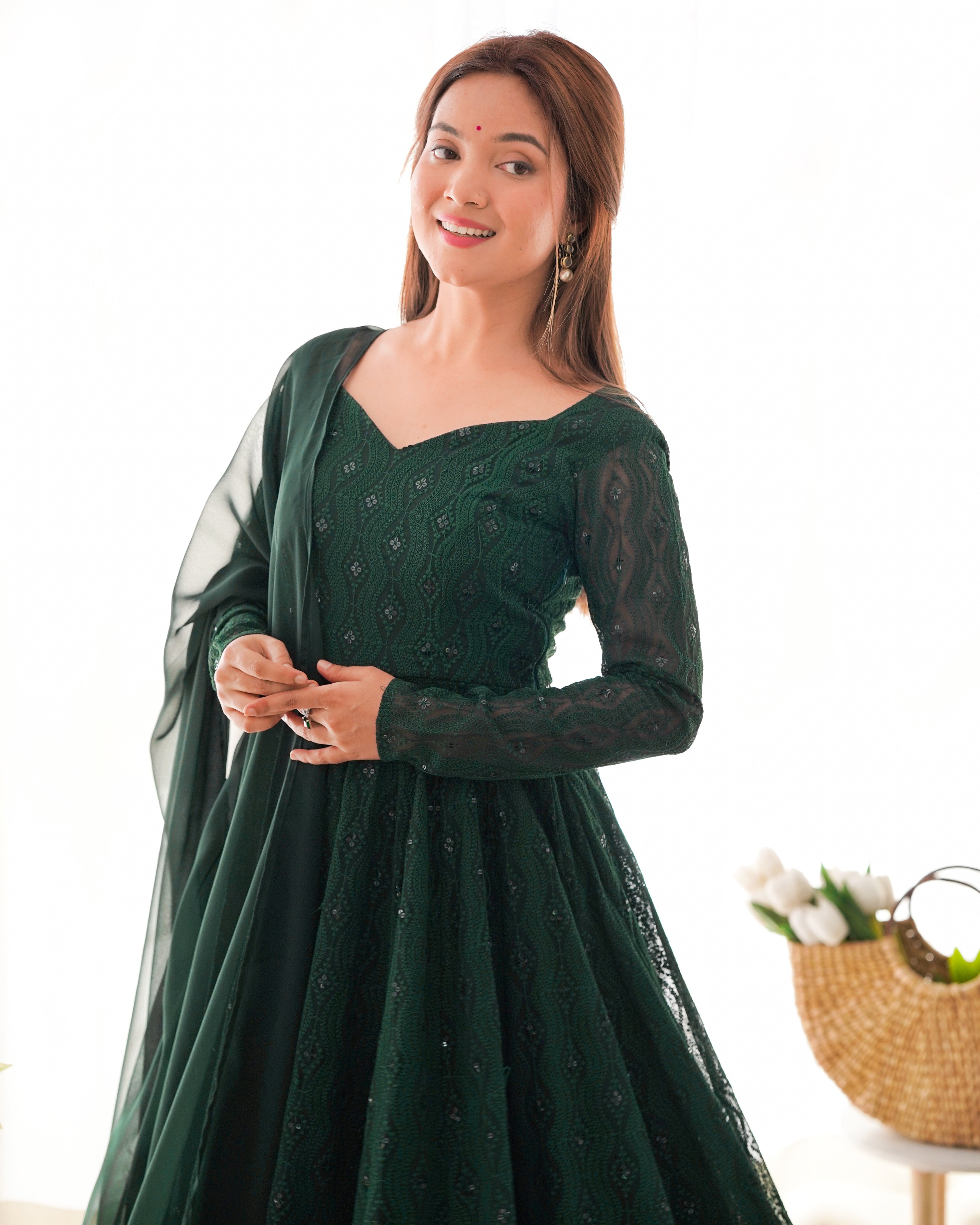 Green Embroidered Georgette Suit Set