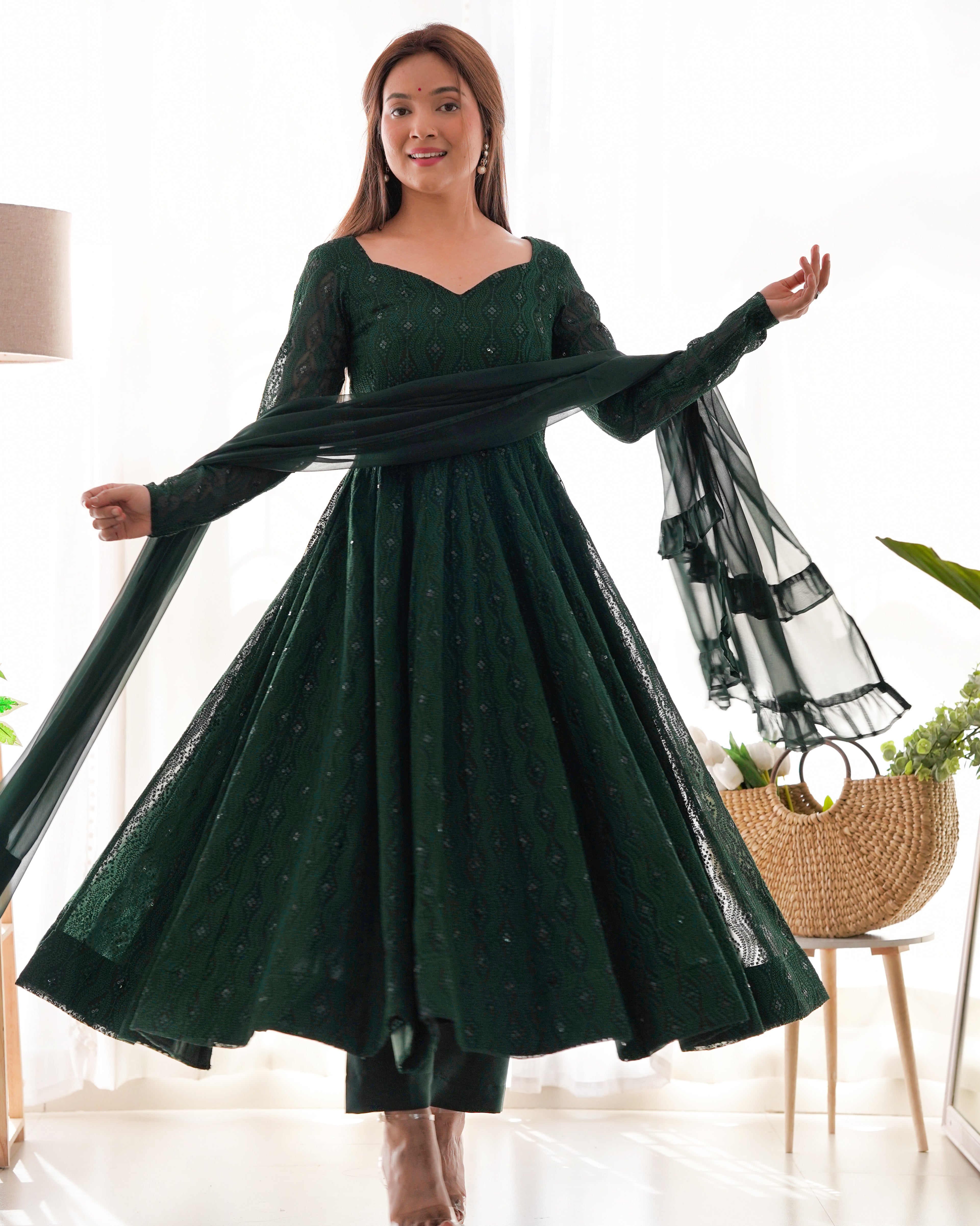 Green Embroidered Georgette Suit Set