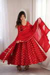 Women's Red Flared Anarkali Suit Set with Embroidered Dupatta