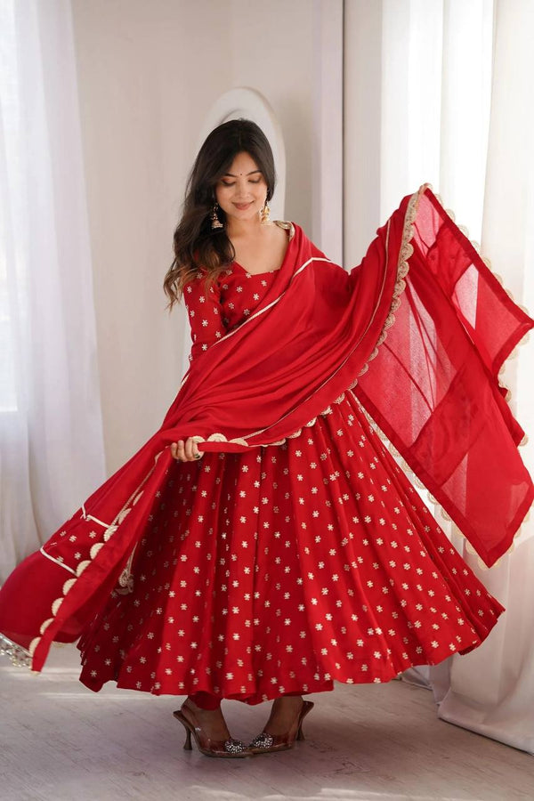 Women's Red Flared Anarkali Suit Set with Embroidered Dupatta