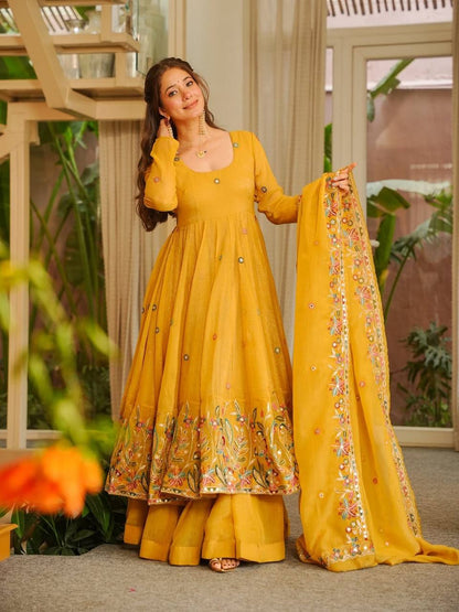 Nilam yellow Embroidered Stylish Anarkali Suit Set