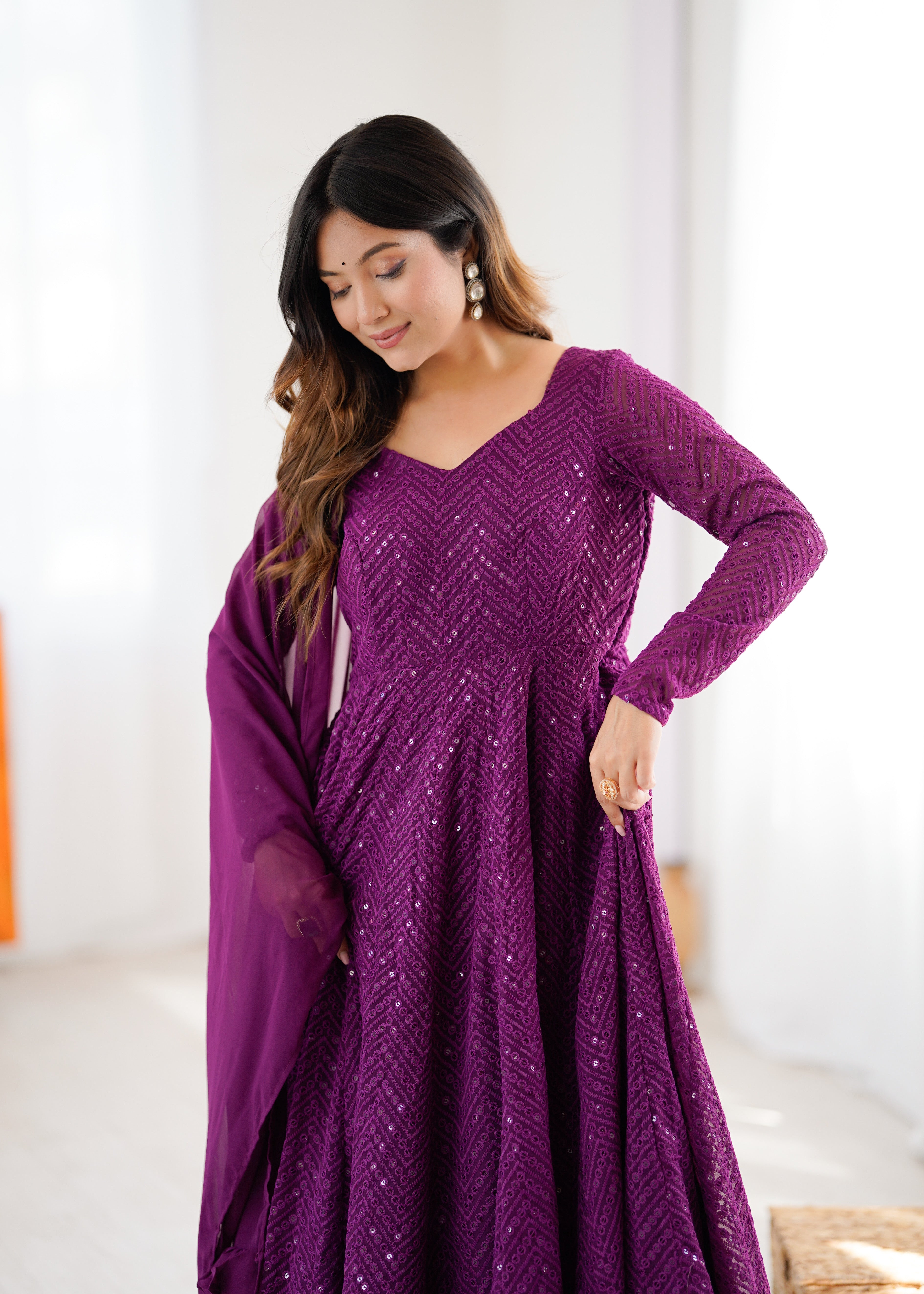 Wine Embroidery Heavy Fox Georgette Anarkali Gown
