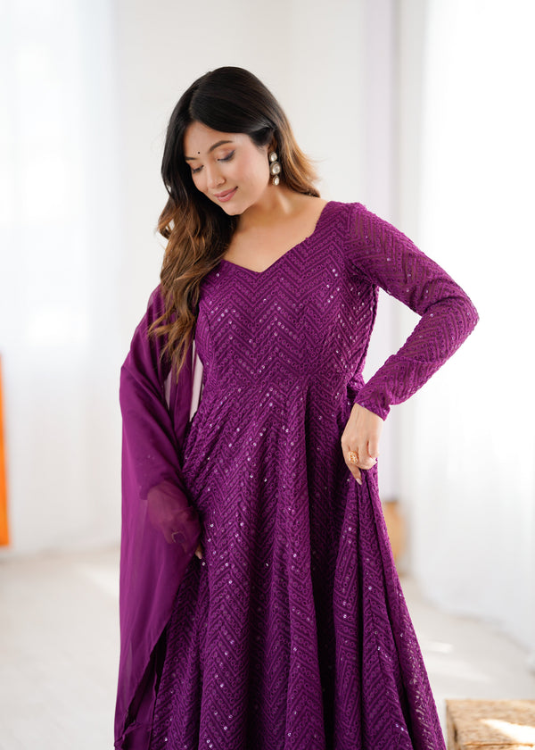 Wine Embroidery Heavy Fox Georgette Anarkali Gown