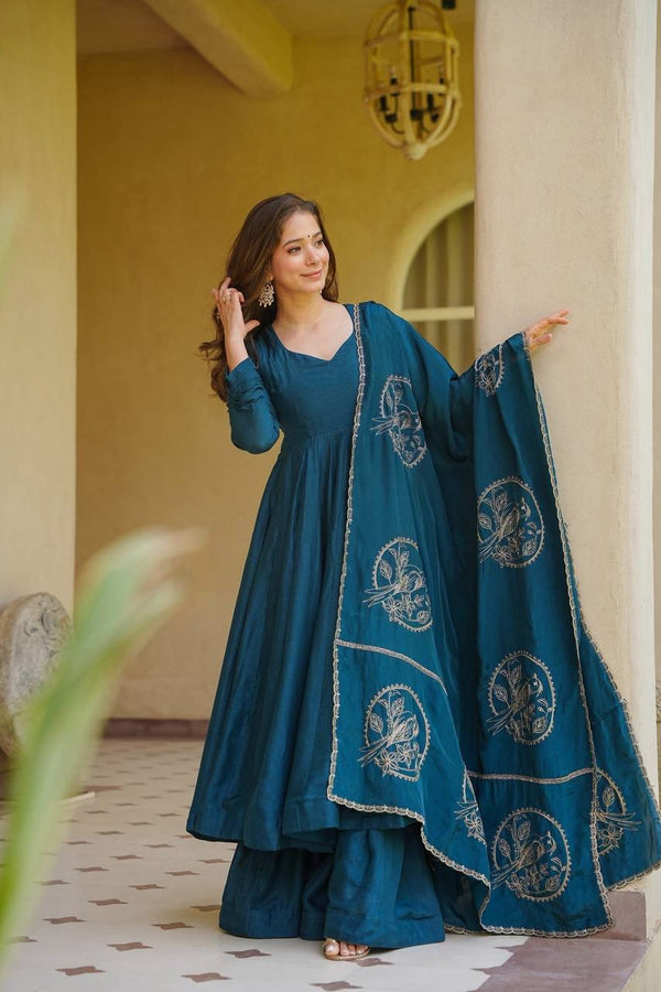 Designer Peacock Teal Embroidered Anarkali Kurta Palazzo Set