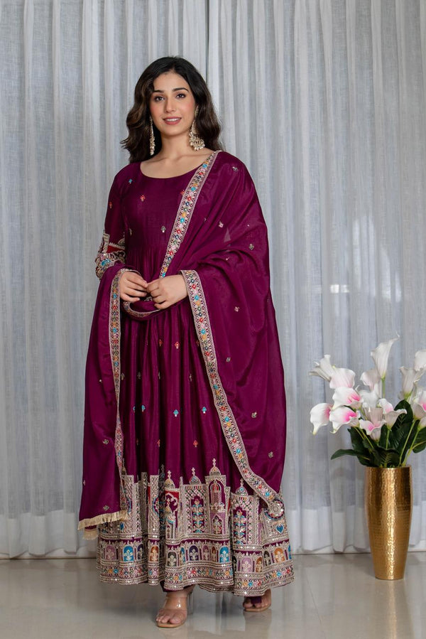 Tulip Wine Designer Cinon Silk Anarkali Suit Set