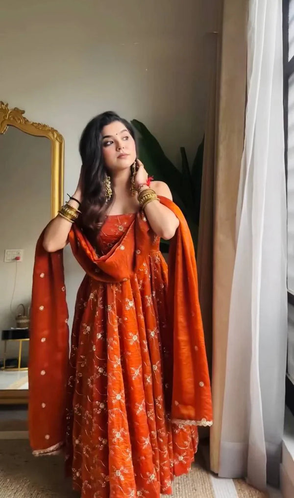 Radiant Elegance Orange Embroidered Anarkali Suit Set