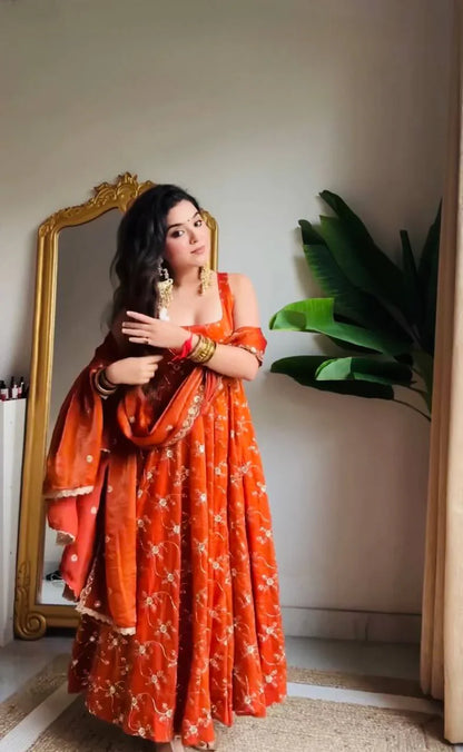 Radiant Elegance Orange Embroidered Anarkali Suit Set